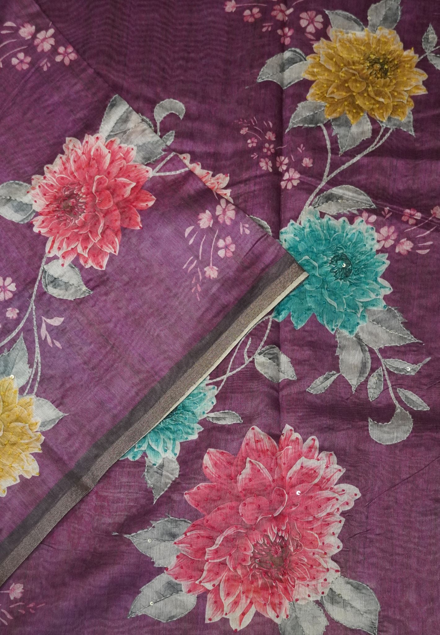 Chanderi Saree-Purple with French Knot and Kantha Work