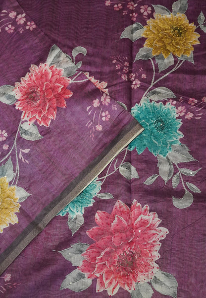 Chanderi Saree-Purple with French Knot and Kantha Work