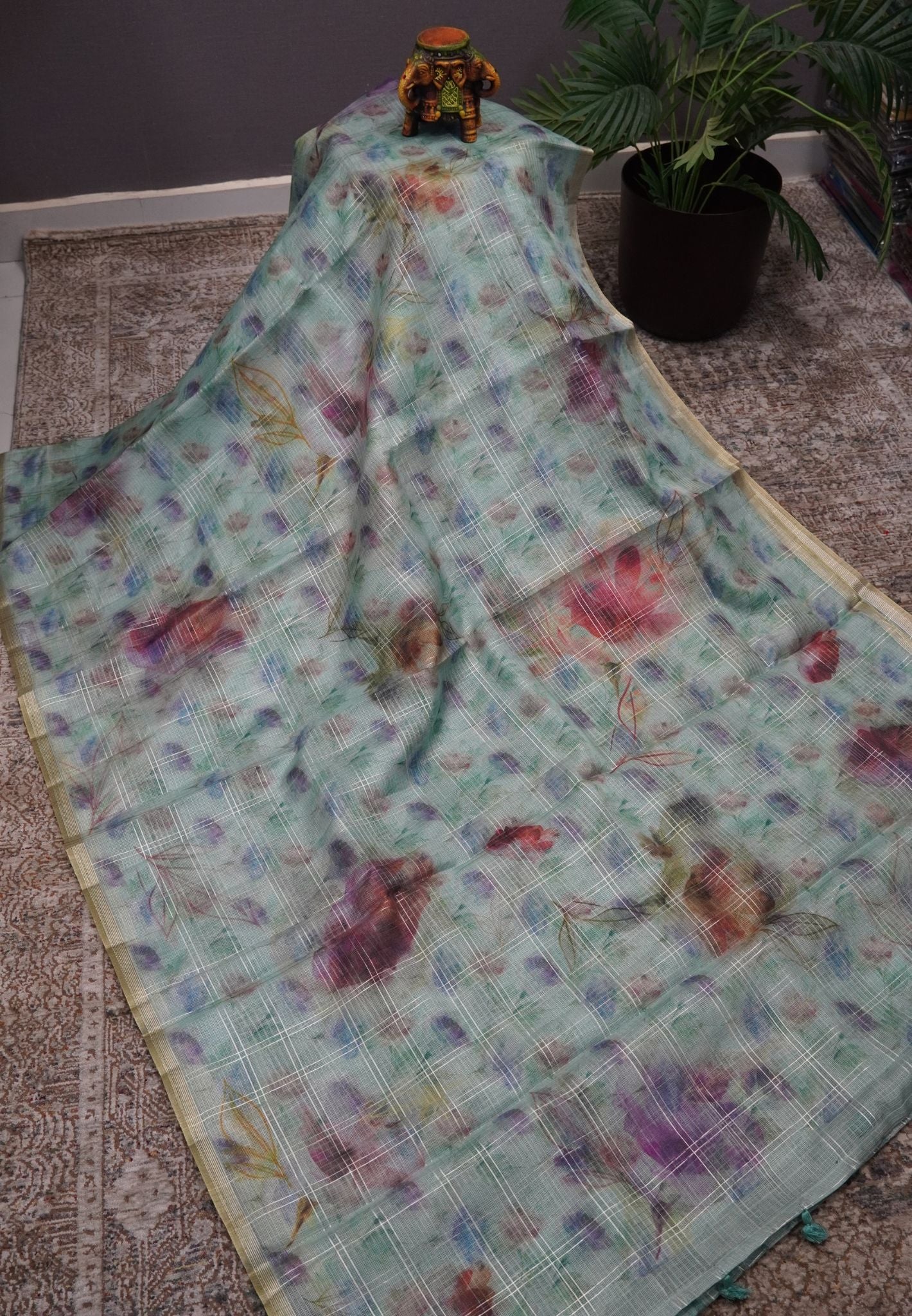 Linen Kota Saree - Light Blue with Floral Prints