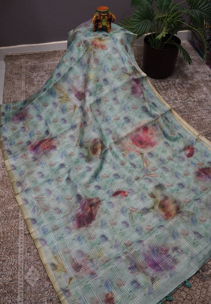 Linen Kota Saree - Light Blue with Floral Prints
