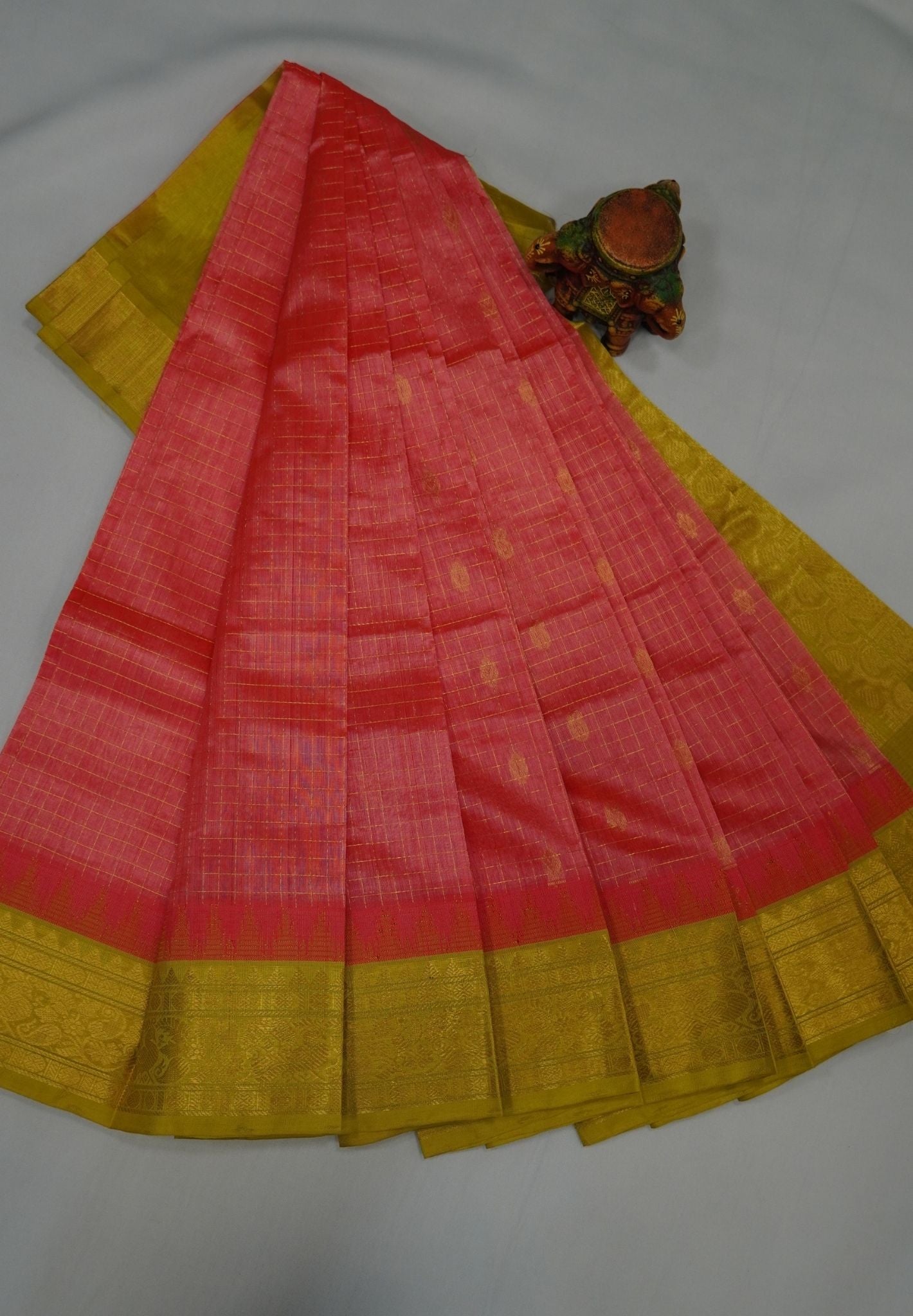 Pure Silk Cotton Saree-Peach Pink in Golden Zari Checks with Contrast Border