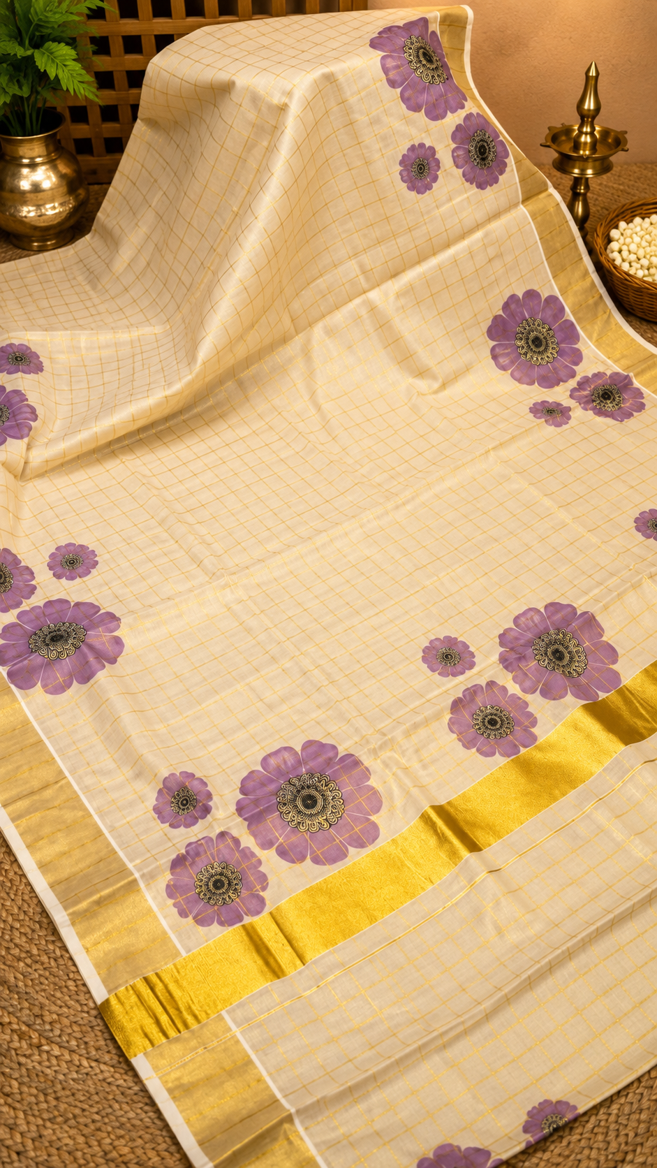 Tissue Saree – Sandal with Golden Checks and Purple Floral Print