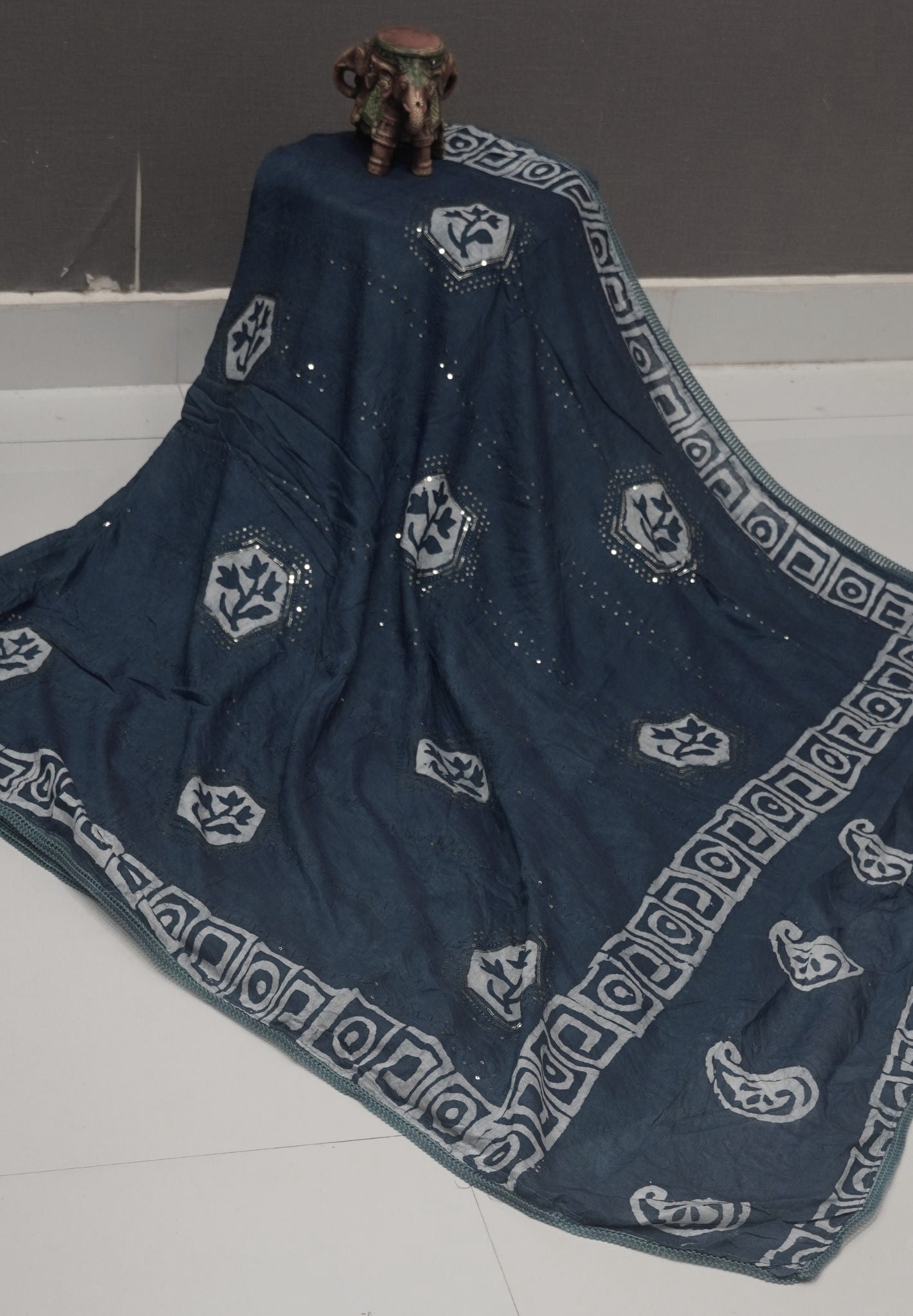 Batick Cotton Saree- Metallic Blue with Sequence Work