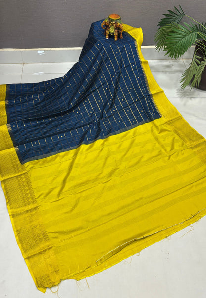 Viscose Saree-Peacock Blue in Checked Zari Pattern Border
