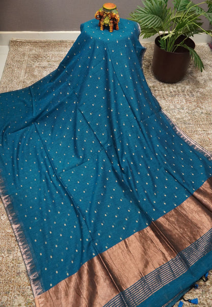 Handloom Cotton Saree-Peacock Green With Delicate Woven Buttas