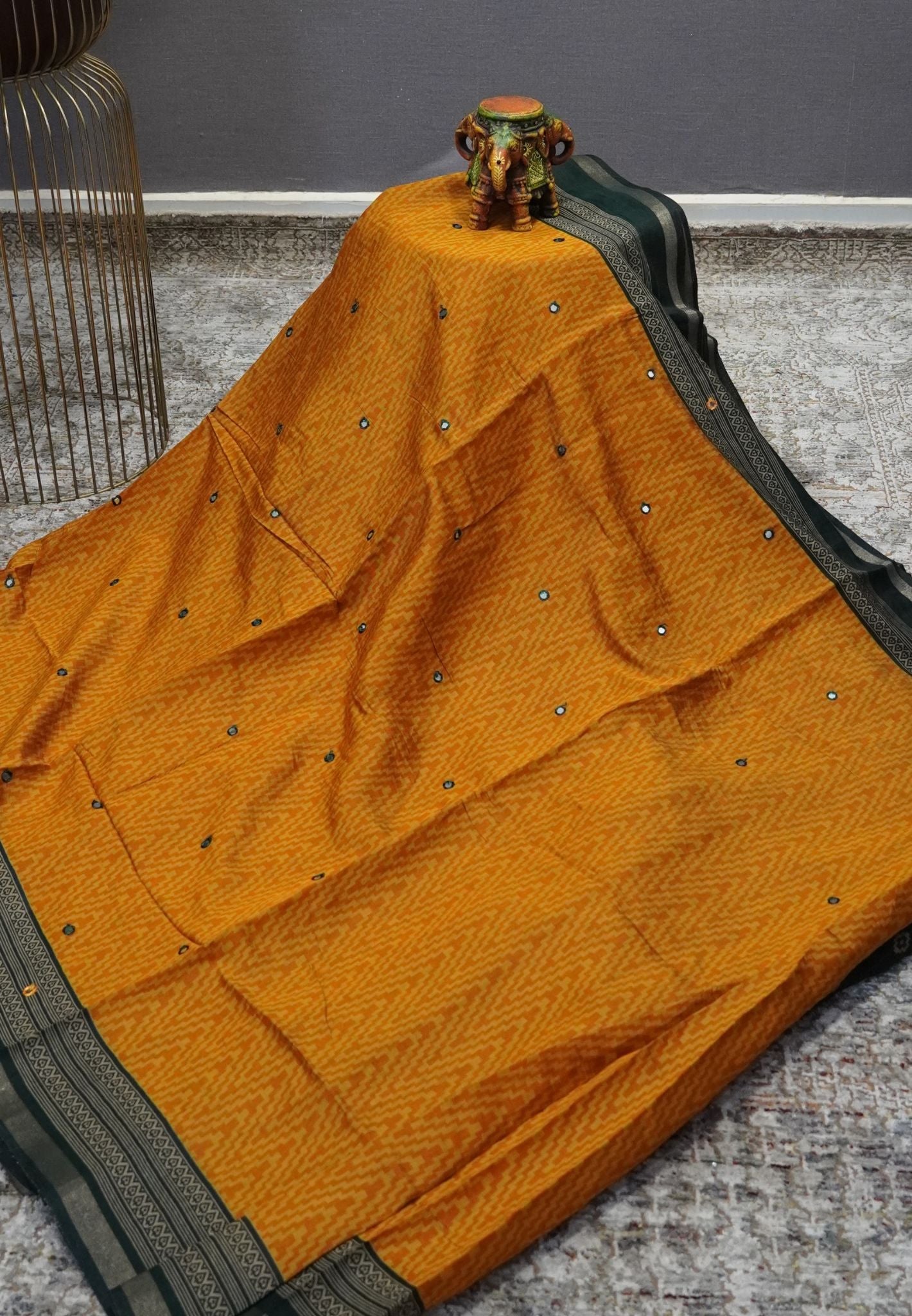 Malai Cotton Mirror Work Saree-Mustard