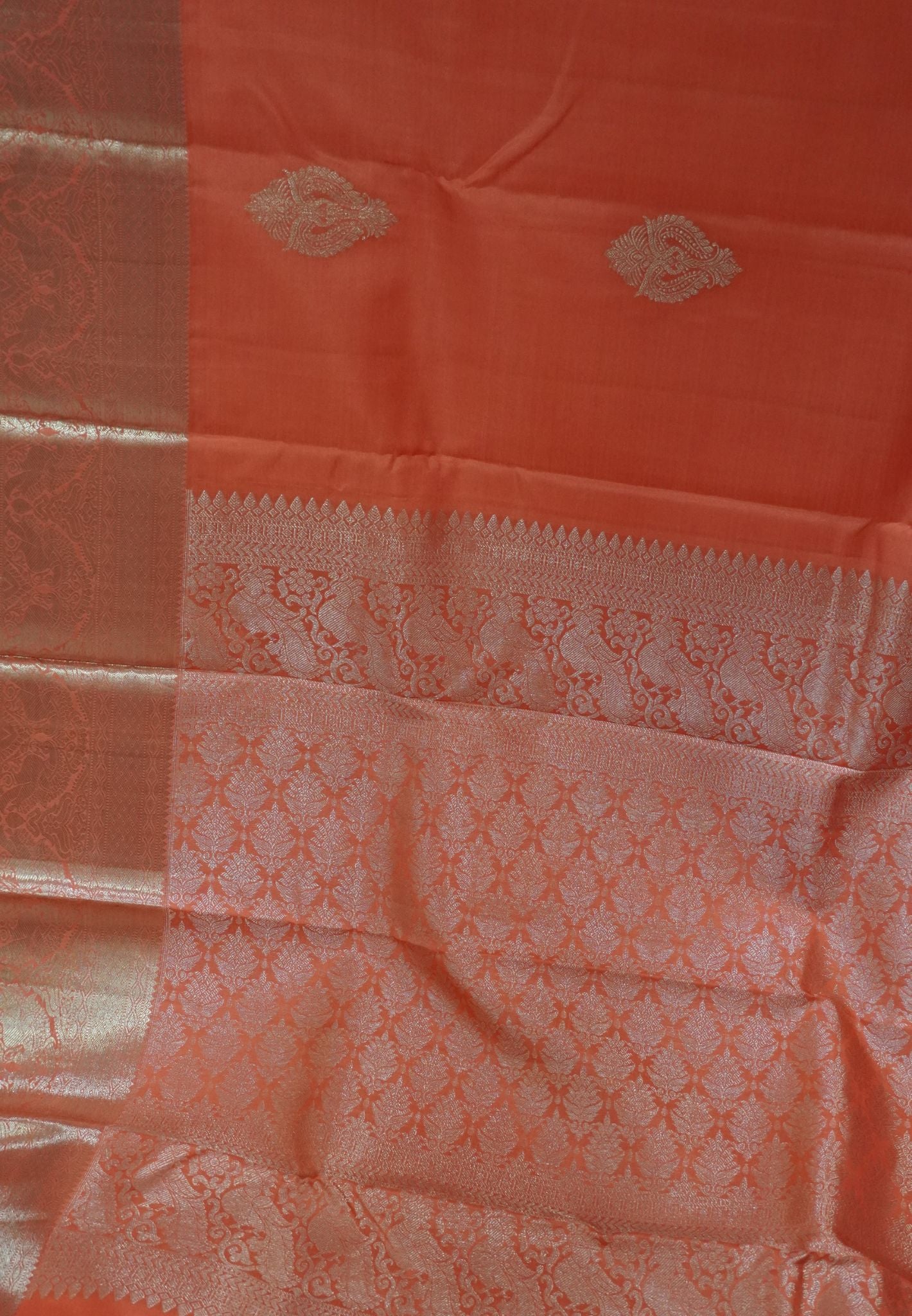 Pure Kanchipuram Silk Saree-Redish Peach in Silver Zari