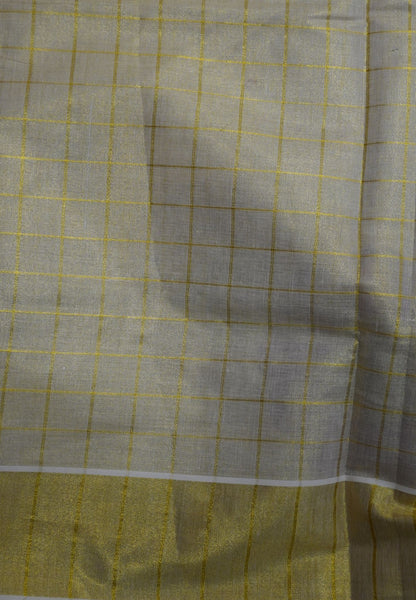Tissue Saree – Sandal with Golden Checks and Green Floral Print