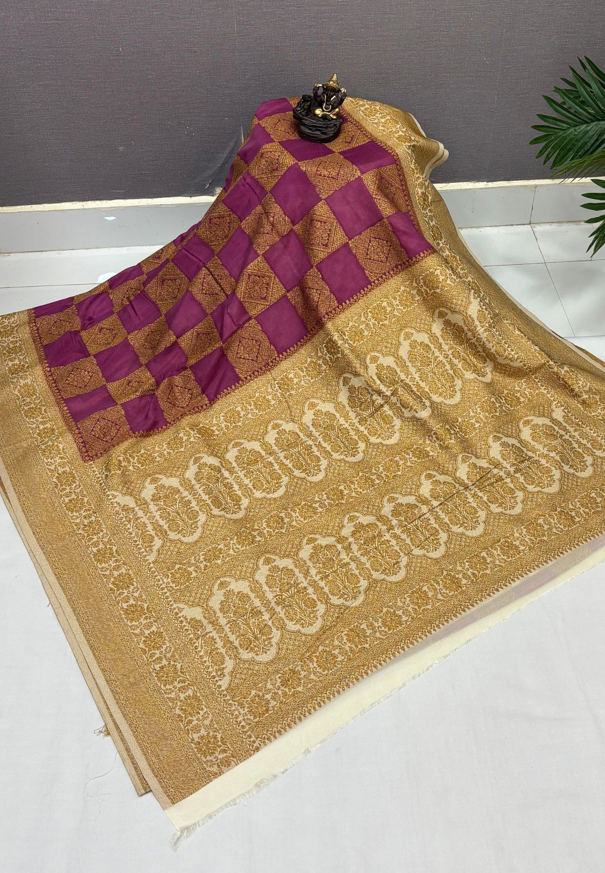 Banarasi Crepe Saree-Purple In Square Check Brocade With Contrast Border