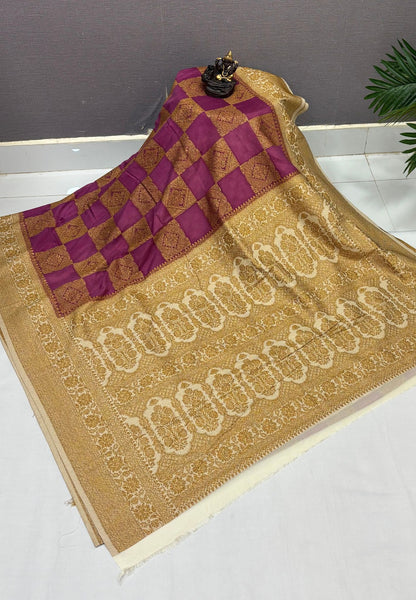 Banarasi Crepe Saree-Purple In Square Check Brocade With Contrast Border