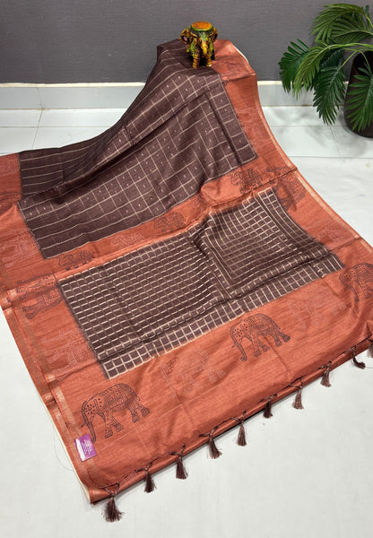 Semi Tussar Saree-Brown in Traditional Elephant Motif Zari with Contrast Border