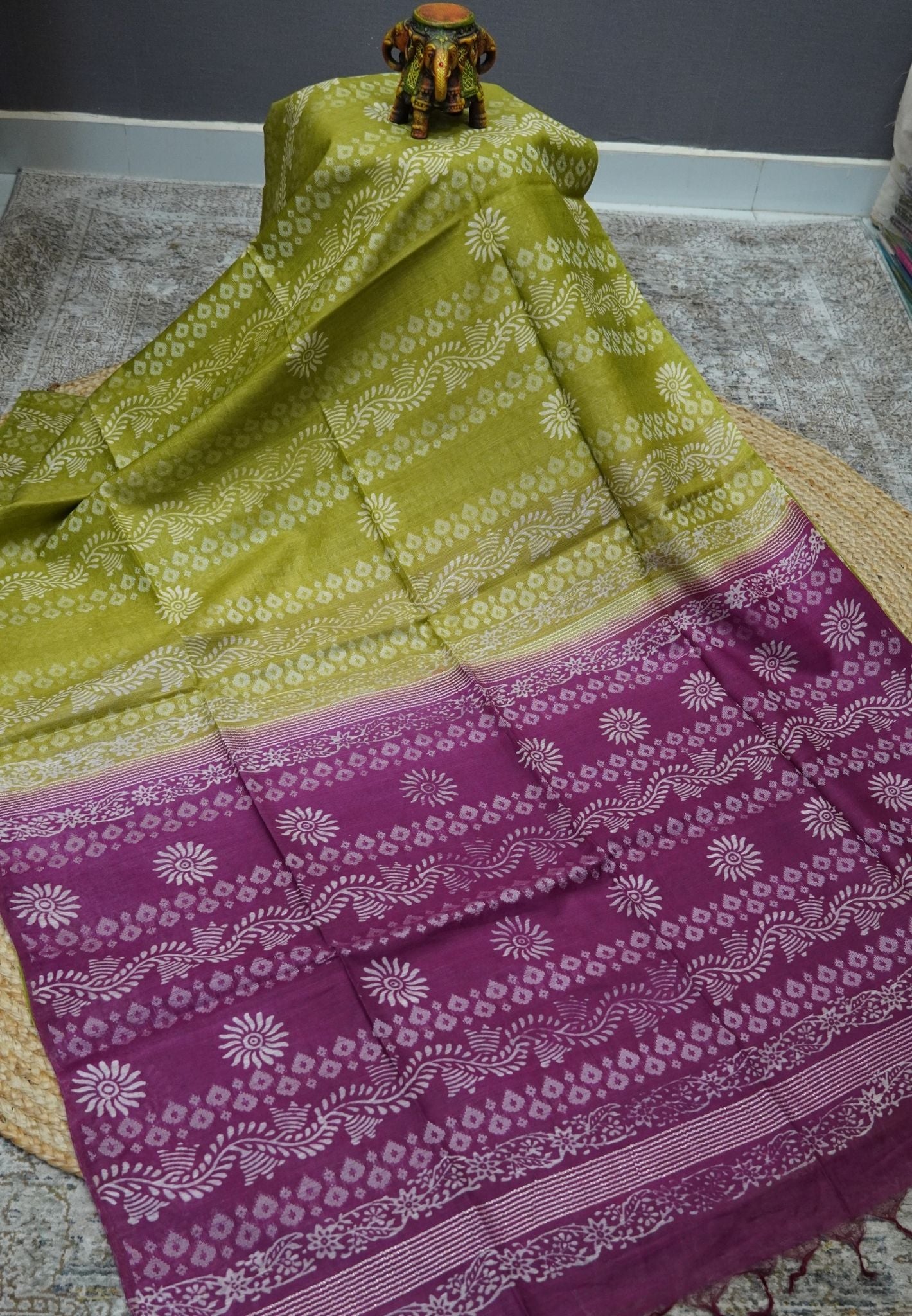 Bhagalpur Cotton Saree-Olive Green