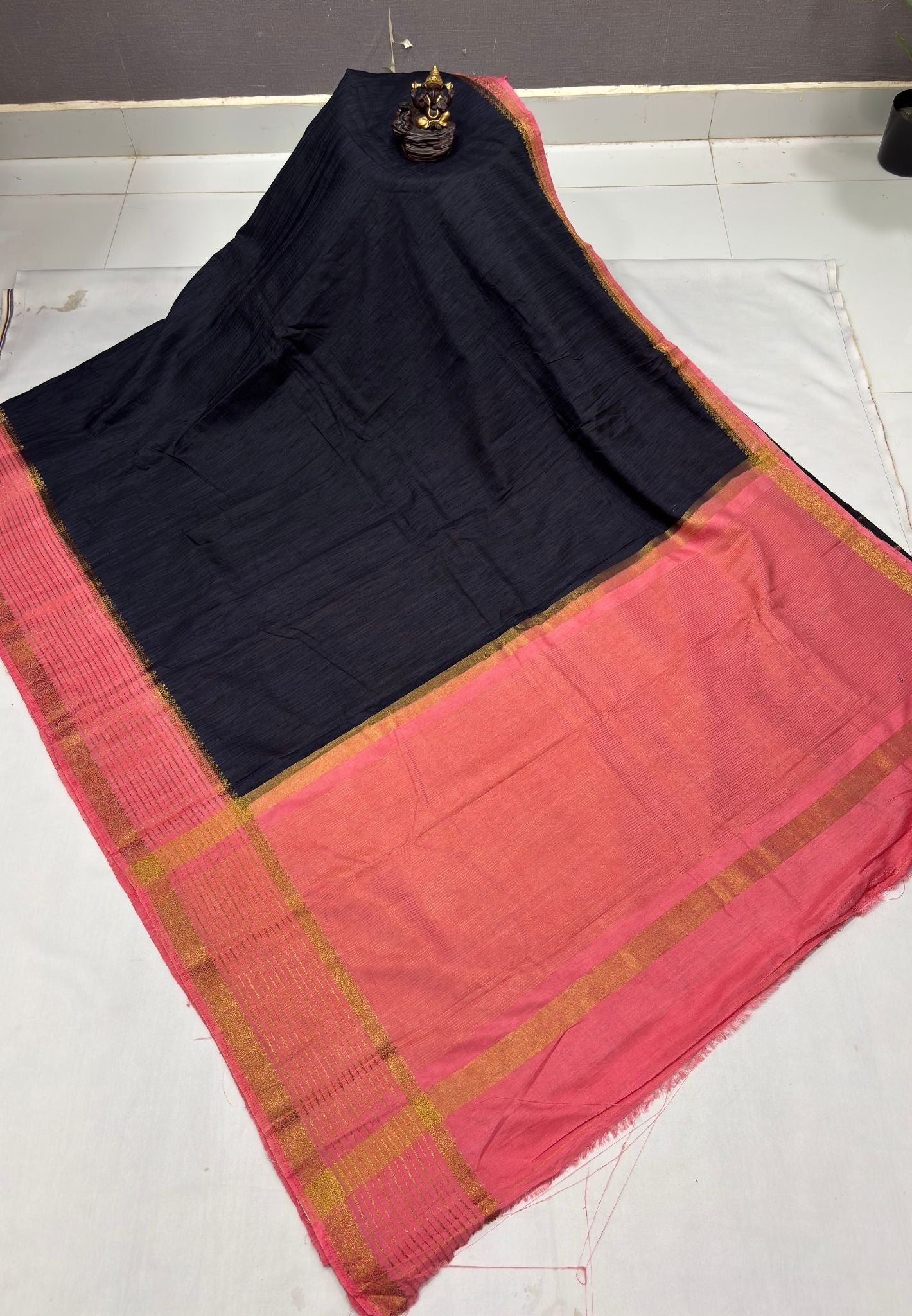 Raw Silk Saree-Black With Contrast Border