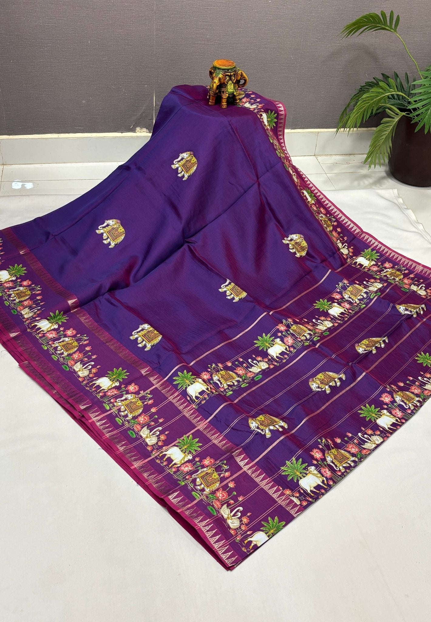 Pure Mangalgiri Silk Saree-Purple with Tanjore Print