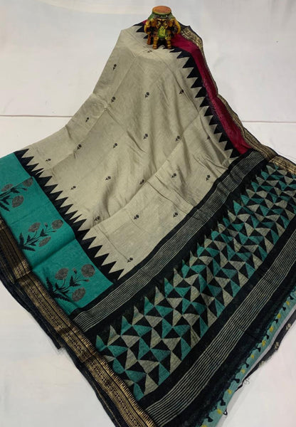 Malai Cotton Saree-Metallic Green in Triangle Border