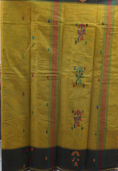 Chettinad Cotton Saree-Lime Green With Floral Bouquet Border