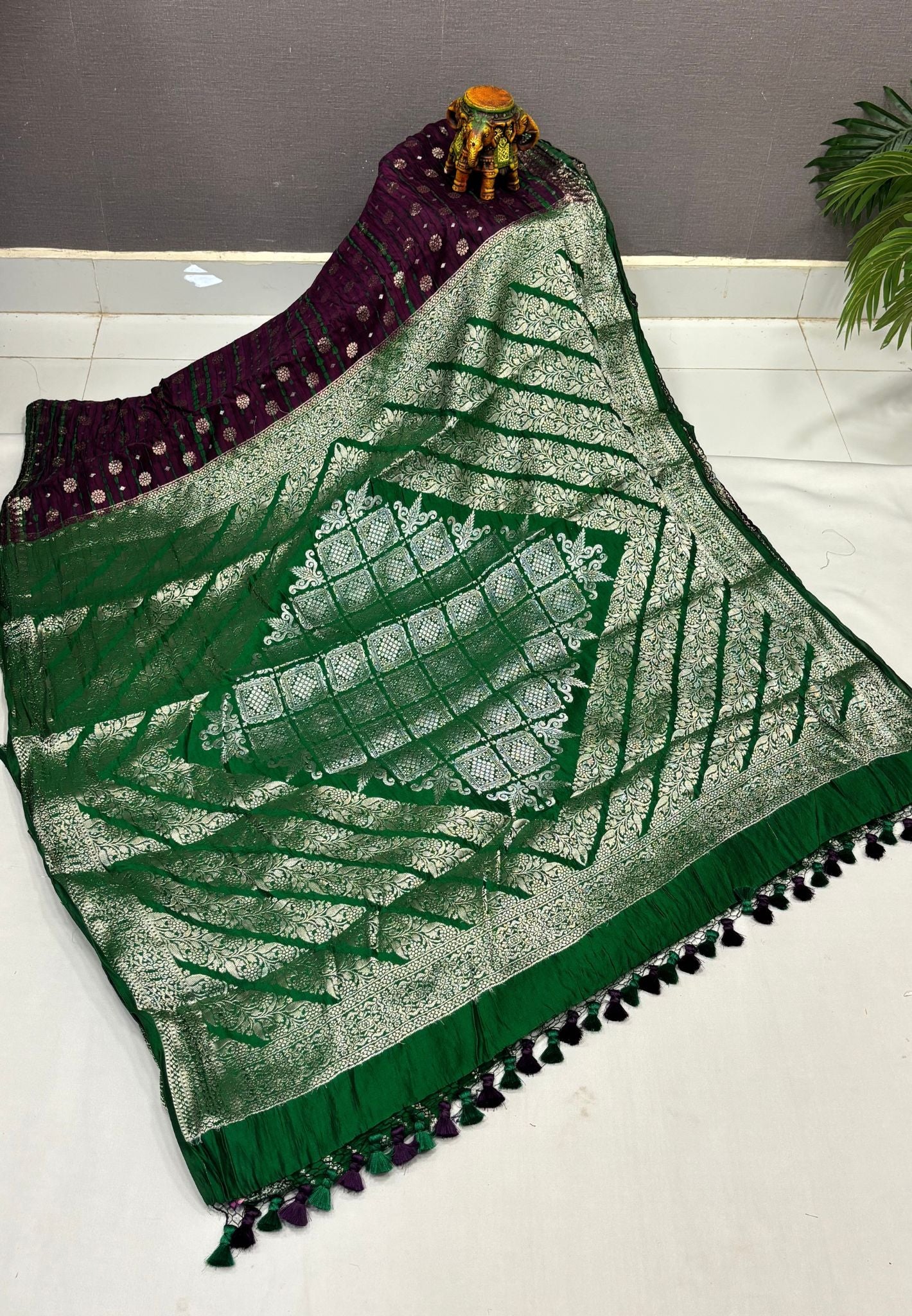 Pure Banarasi Kaddi Georgette Saree-Wine In Jaal Zari Floral Border