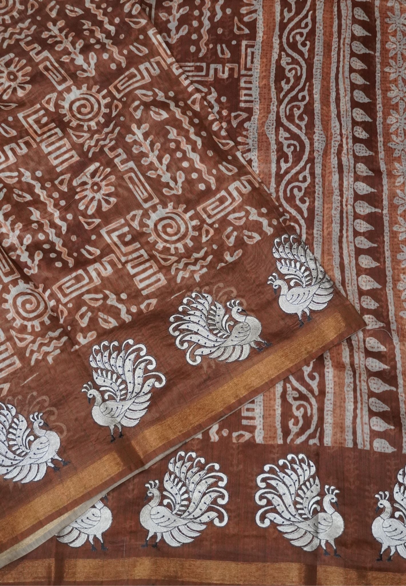 Semi Chanderi Saree-Khaki with Peacock Embroidery