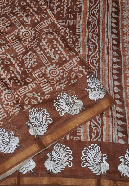 Semi Chanderi Saree-Khaki with Peacock Embroidery