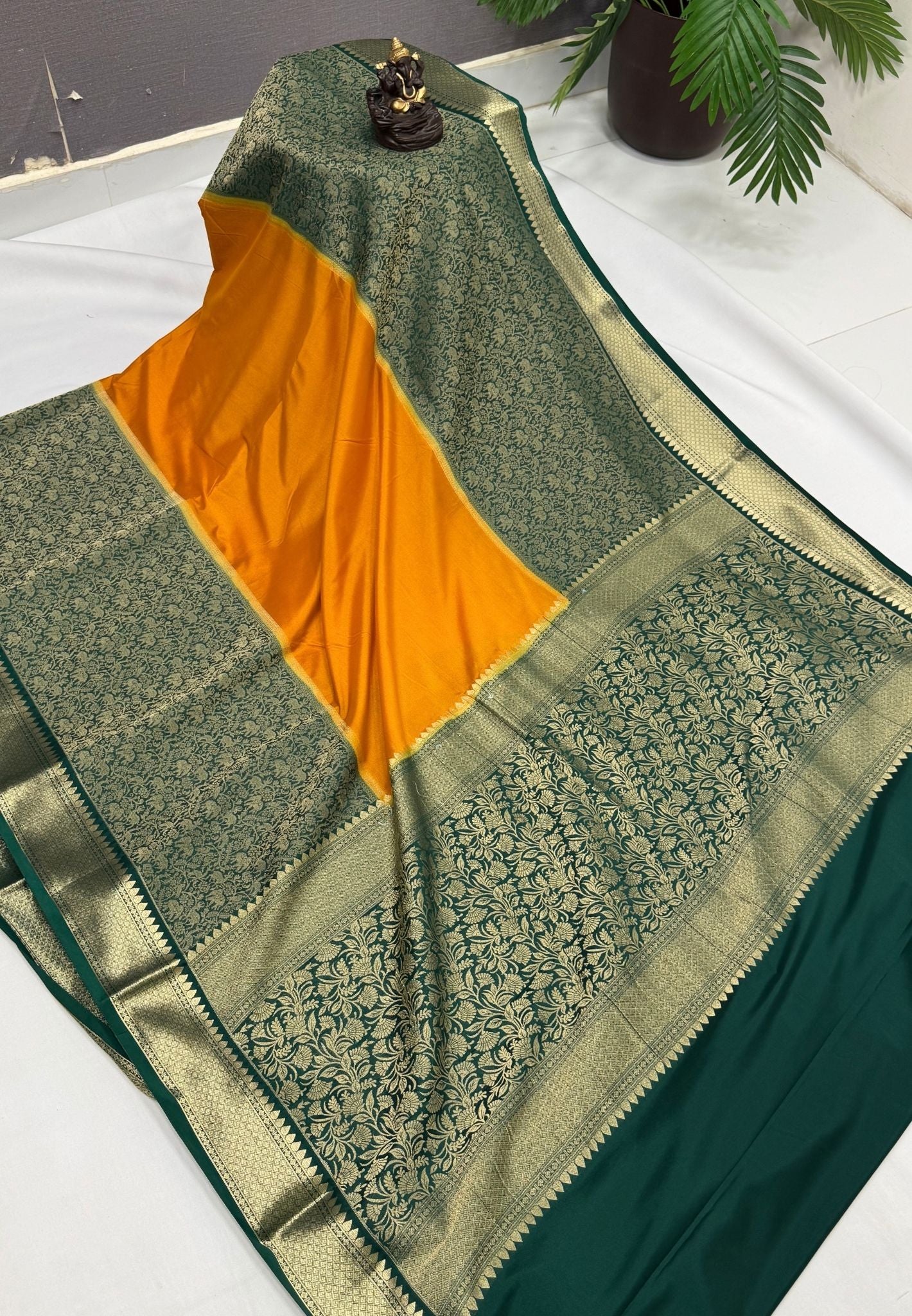 Art Mysore Silk Saree-Mustard-Green In Floral Zari With Contrast Border