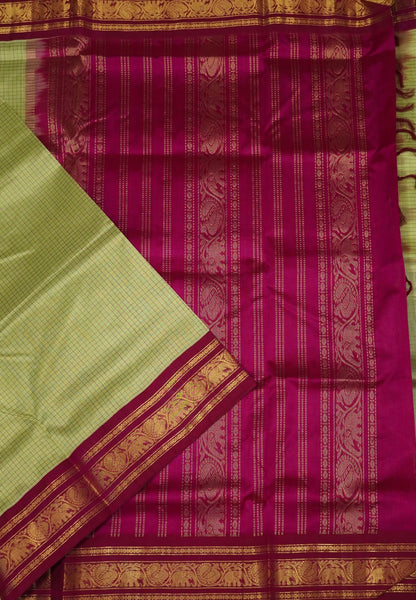 Pure Silk Cotton Saree-Elachi Green in Checks with Annapakshi Zari Border