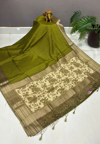 Muslin Tussar Saree-Olive Green In Floral Vine Border