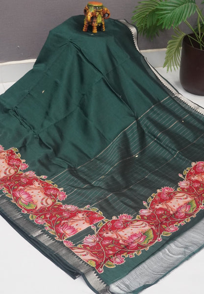 Pure Mangalgiri Silk Saree-Bottle Green in Tanjore Print with Aplique Work