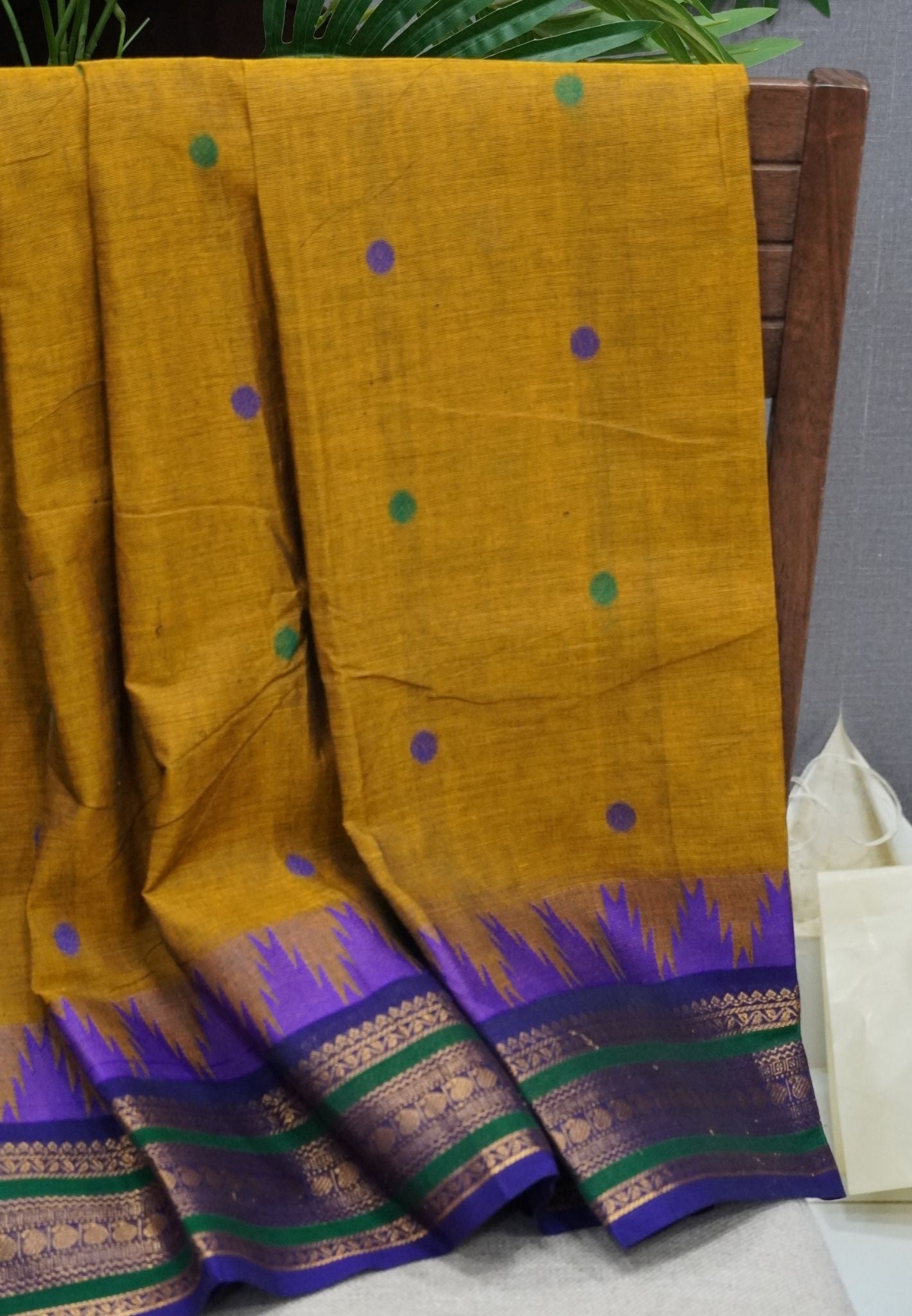 Chettinad Cotton Saree–Dark Mustard with Temple Border