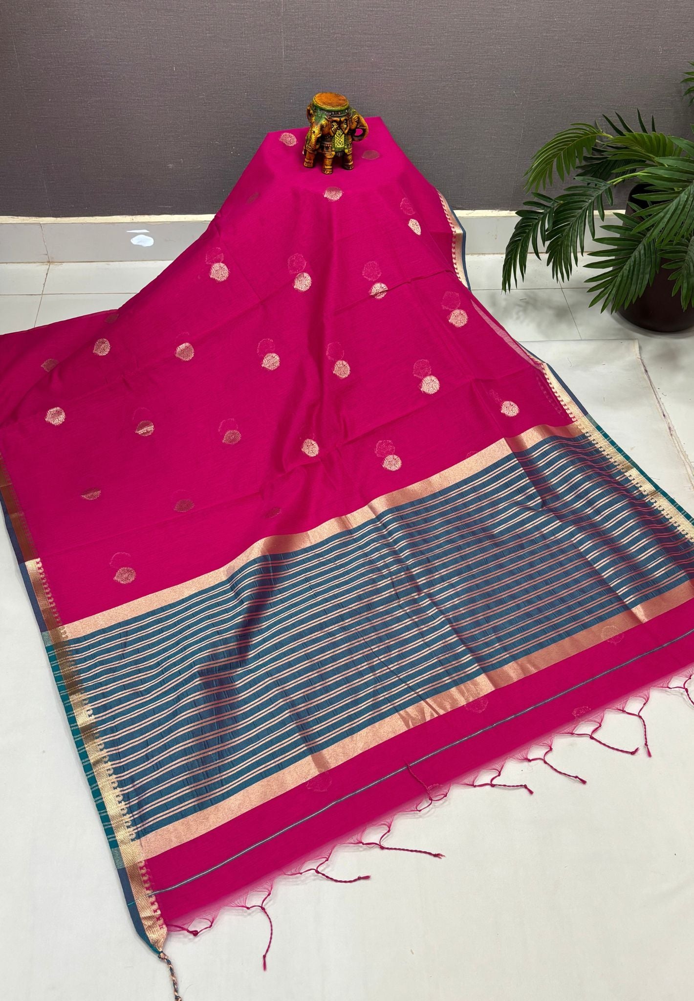 Semi Maheswari Saree-Rani Pink In Multi-Stripe Zari Border