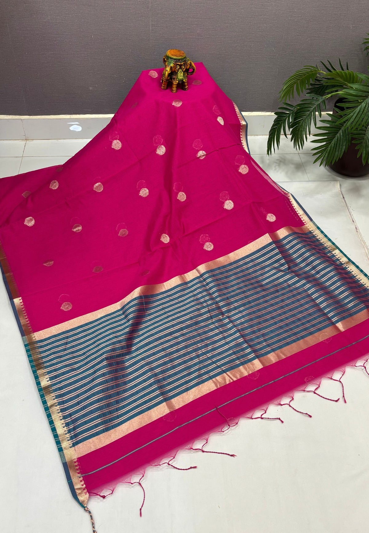 Semi Maheswari Saree-Rani Pink In Multi-Stripe Zari Border
