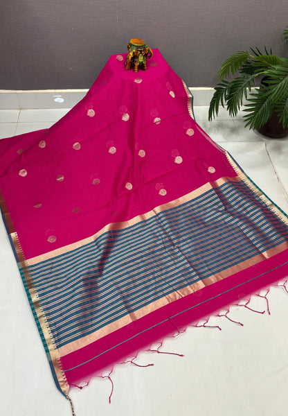 Semi Maheswari Saree-Rani Pink In Multi-Stripe Zari Border