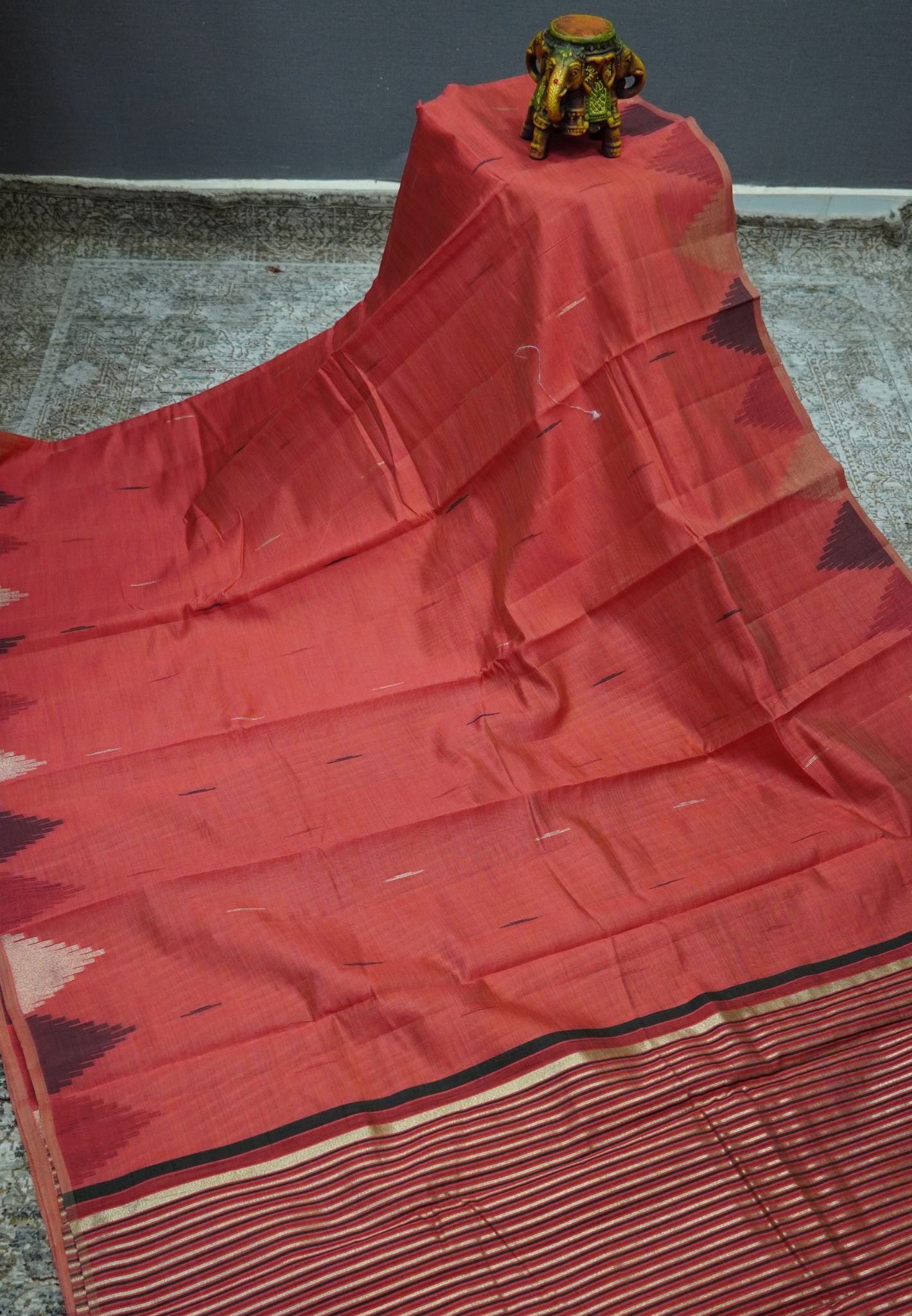 Semi Tussar Saree – Contemporary Temple Border Design – Peach Pink