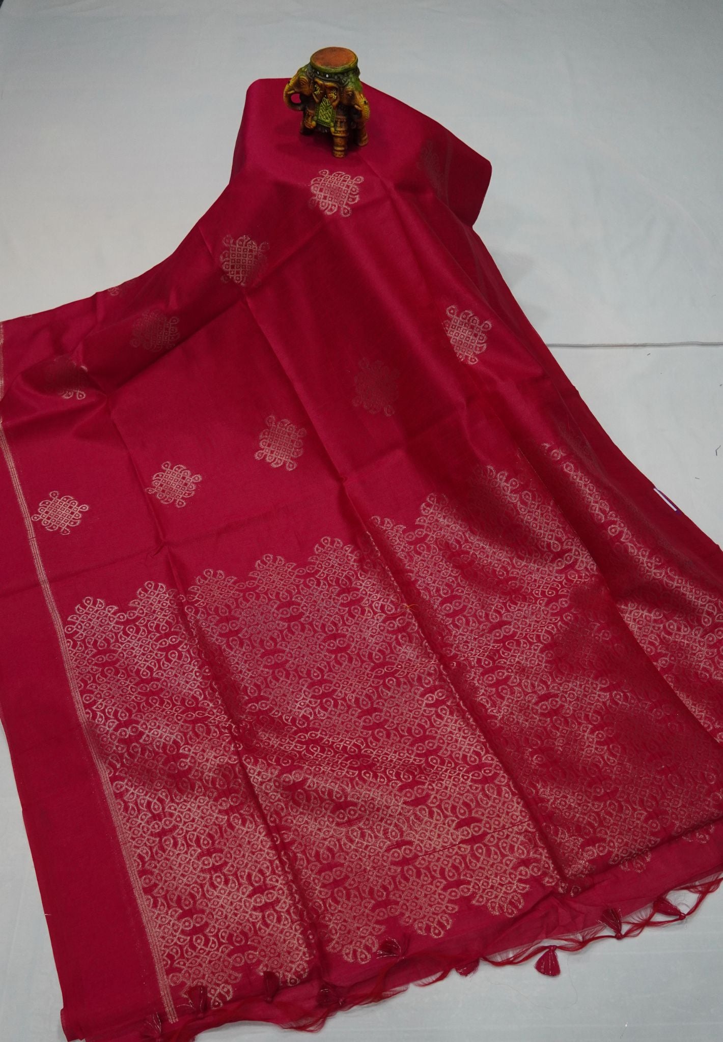 Semi Raw Silk Saree - Rani Pink in Kolam Pattern