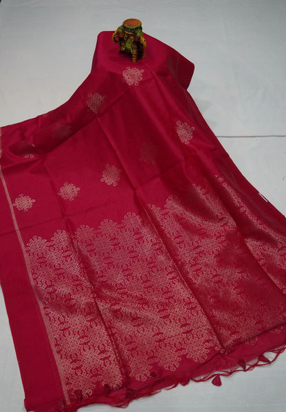 Semi Raw Silk Saree - Rani Pink in Kolam Pattern