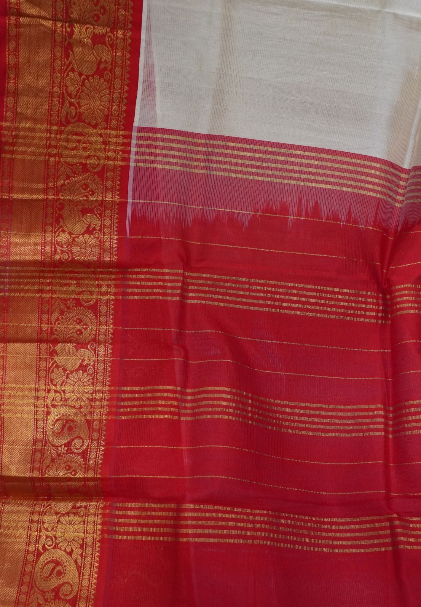 Silk Cotton Saree-Off white with Contrast Red Big Border