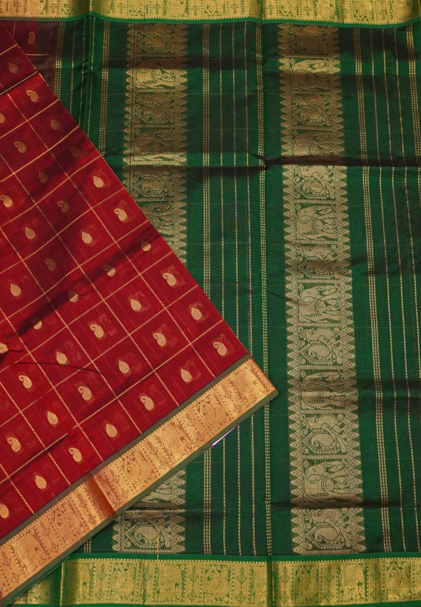 Pure Silk Cotton Saree – Maroon with Buttas in Checked Pattern