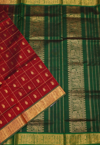 Pure Silk Cotton Saree – Maroon with Buttas in Checked Pattern