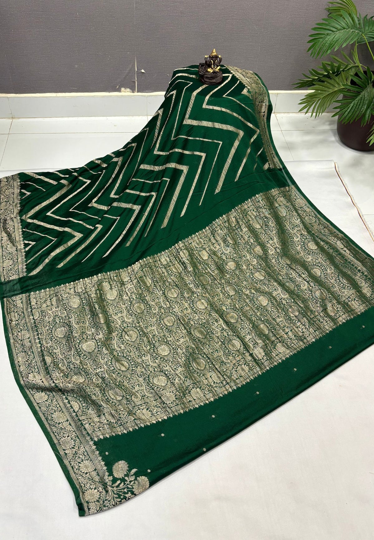 Chinon Silk Saree-Green with Antique Floral Border