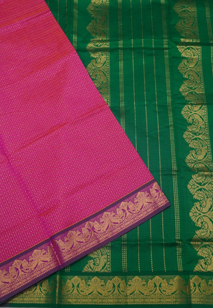 Pure Silk Cotton Saree-Pink-Green Zari Emboss With Contrast Border
