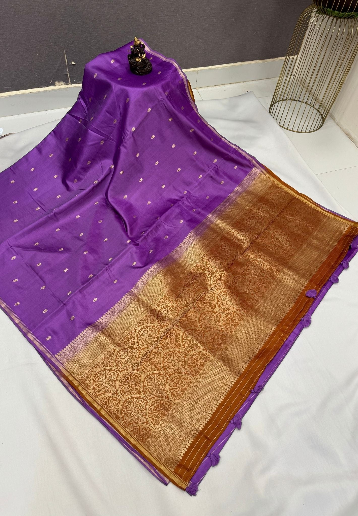 Gaji Silk Saree-Purple In Paisley Jaal Zari Border