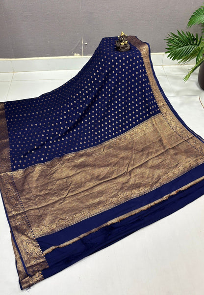 Banarasi Georgette Saree-Navy Blue with Mini Leaf Butta and Zari Border