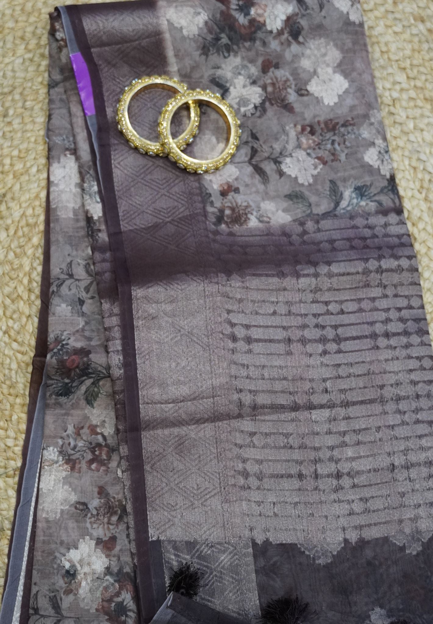 Organza Saree-Brown with Floral Pattern
