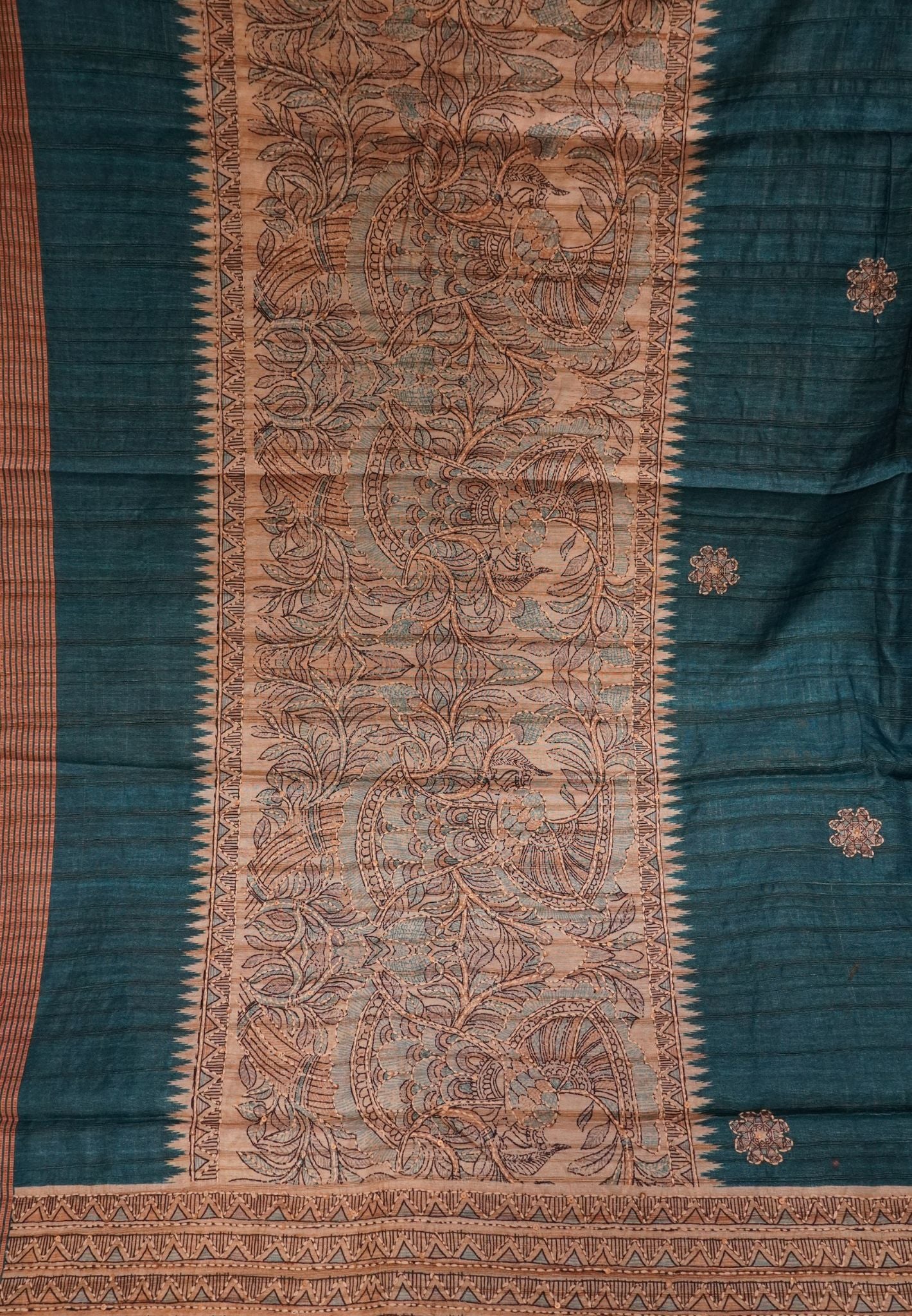 Tussar Saree-Peacock Blue with Kantha Work
