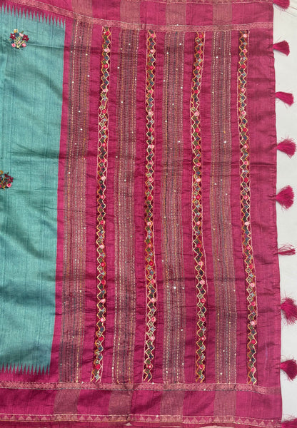 Jute Tussar Saree-Sky Blue with Embriodery Floral Motif
