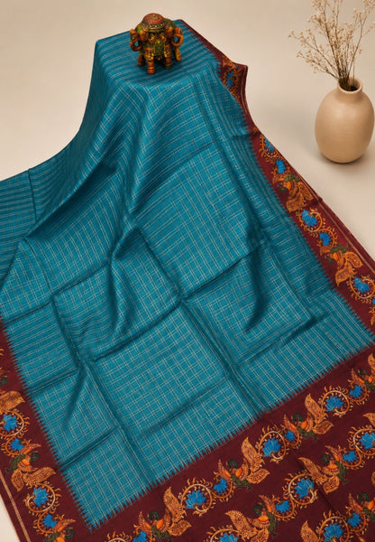 Premium Matka Tussar Saree-Peacock Blue with Contrast Border in Tanjore Print