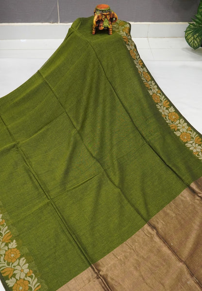 Handloom Cotton Saree-Sage Green Marigold Floral Jamdhani Border
