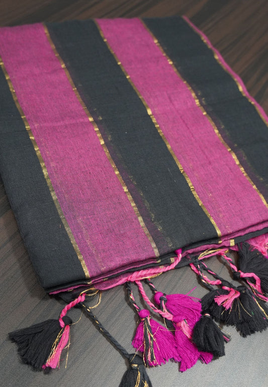 Khadi Cotton Saree - Black-Magenta