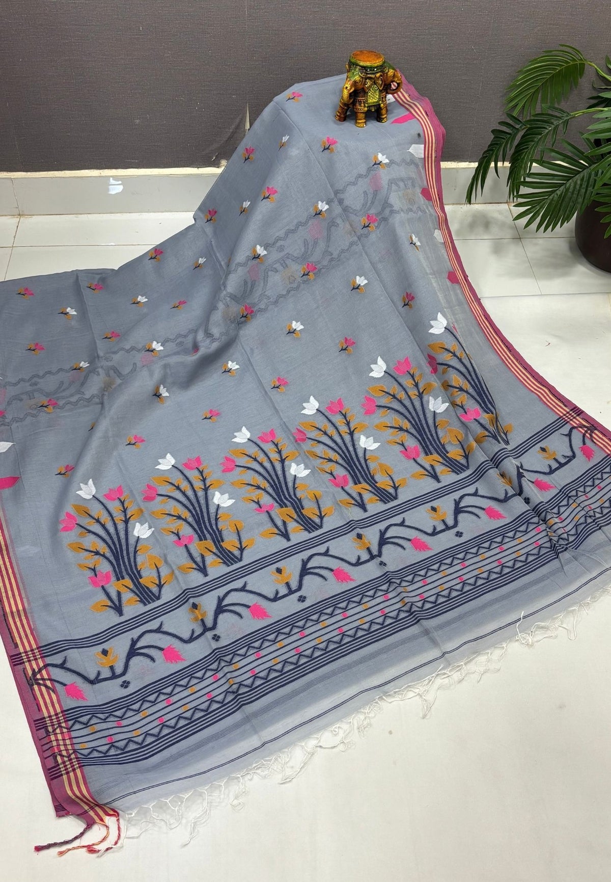 Handloom Cotton Saree-Water Blue In Lotus Floral Border