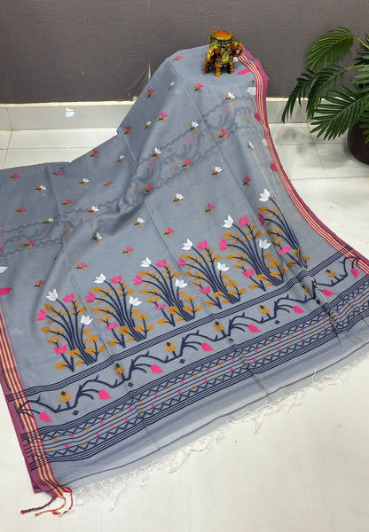 Handloom Cotton Saree-Water Blue In Lotus Floral Border