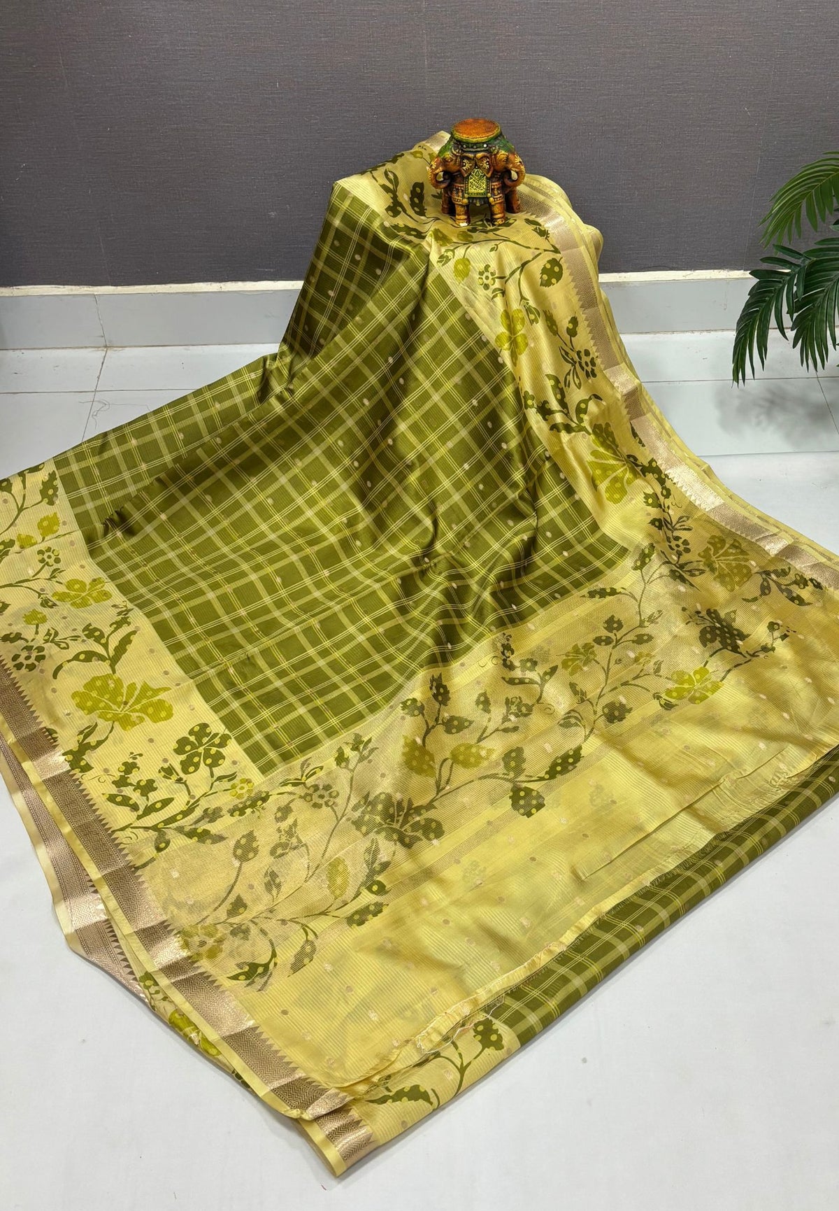 Soft Tussar Saree-Light Green In Floral Vine Border